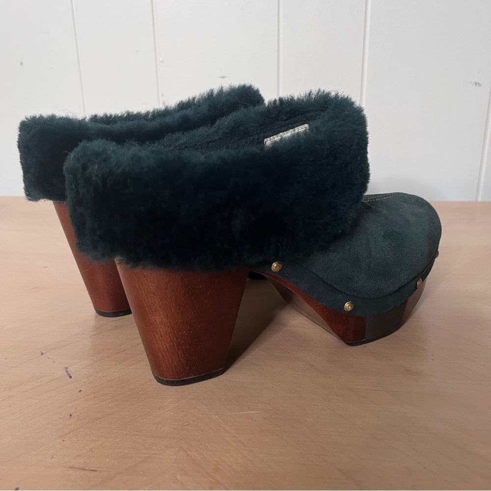Rockport Forest Green Suede Wooden Clog with Faux Fur Trim Women's - Picture 5 of 11